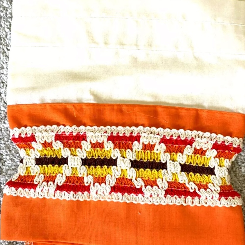 Vintage 70s MCM Curtain Valence Set Retro Orange Yellow Fabric - Picture 2 of 5